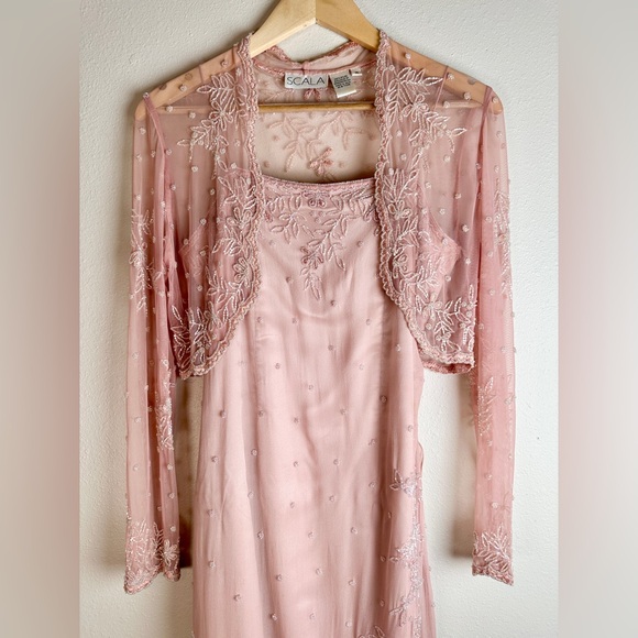 Scala Blush Pink Silk Lined Beaded Embroidered Floral Maxi Dress with Crop Shrug - Picture 12 of 16